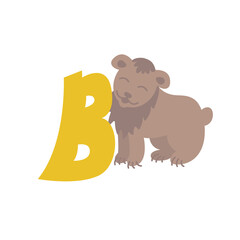 Bear animal alphabet symbol. English letter B isolated on white background. Funny hand drawn style character. Learn kids to read with cute toy illustration