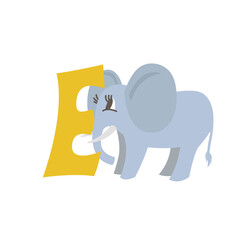 Elephant animal alphabet symbol. English letter E isolated on white background. Funny hand drawn style character. Learn kids to read with cute toy illustration
