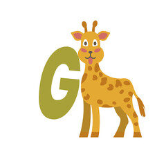 Giraffe animal alphabet symbol. English letter G isolated on white background. Funny hand drawn style character. Learn kids to read with cute toy illustration