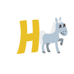 Horse animal alphabet symbol. English letter H isolated on white background. Funny hand drawn style character. Learn kids to read with cute toy illustration