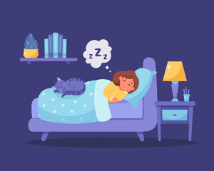 Little girl sleeping in bedroom with cat. Healthy sleep. Vector illustration