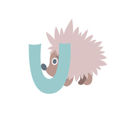Urchin animal alphabet symbol. English letter U isolated on white background. Funny hand drawn style character. Learn kids to read with cute toy illustration