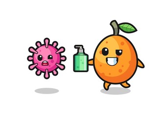 illustration of kumquat character chasing evil virus with hand sanitizer