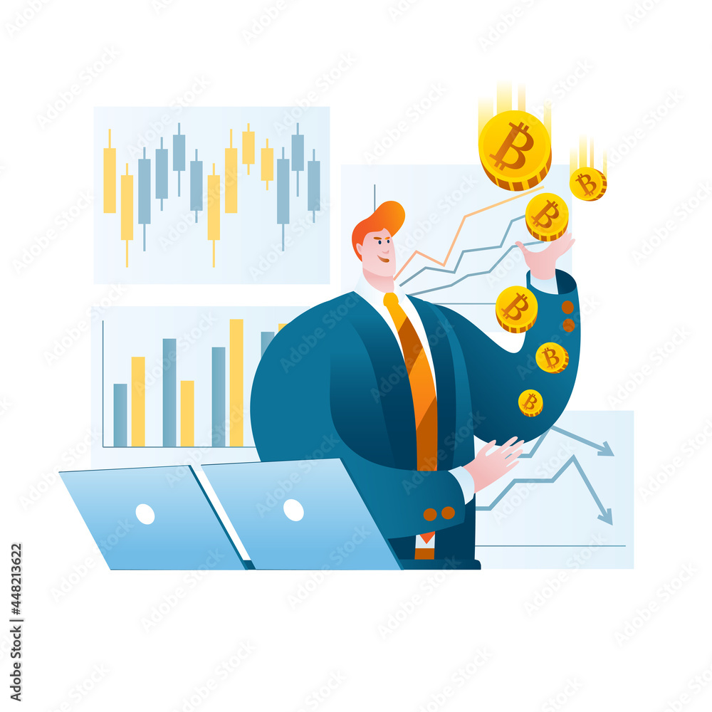Poster a trader in a business suit is juggling bitcoins against the background of stock charts. vector illu