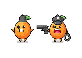 illustration of kumquat robber with hands up pose caught by police