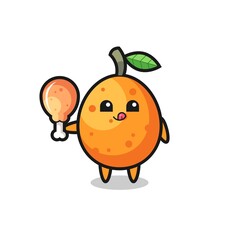kumquat cute mascot is eating a fried chicken