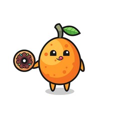 illustration of an kumquat character eating a doughnut