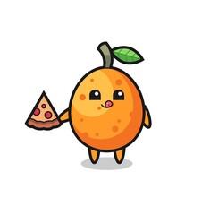 cute kumquat cartoon eating pizza