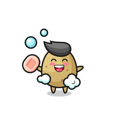 potato character is bathing while holding soap