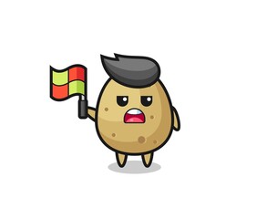 potato character as line judge putting the flag up