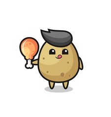potato cute mascot is eating a fried chicken