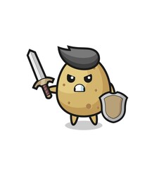 cute potato soldier fighting with sword and shield