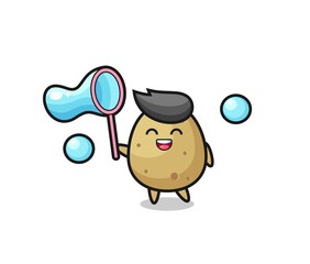 happy potato cartoon playing soap bubble