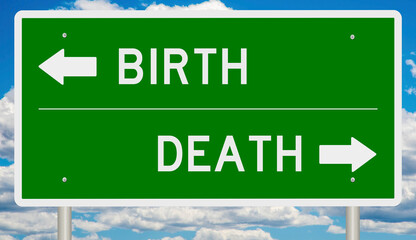 Rendered green highway sign illustrating a decision point or crossroads