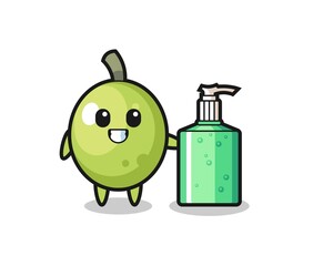 cute olive cartoon with hand sanitizer