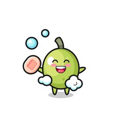 olive character is bathing while holding soap