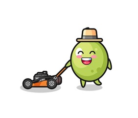 illustration of the olive character using lawn mower