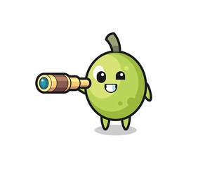 cute olive character is holding an old telescope
