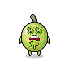 olive character with an expression of crazy about money