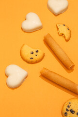 biscuit cookies mix flat lay scene. Minimal art. Holidays  time, present,  winter christmas celebration wallpaper