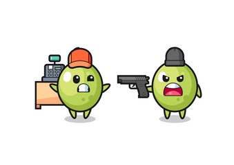 illustration of the cute olive as a cashier is pointed a gun by a robber