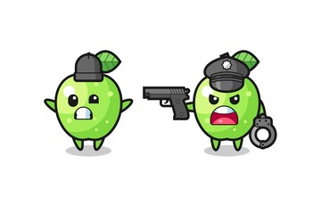 illustration of green apple robber with hands up pose caught by police