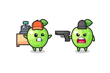 illustration of the cute green apple as a cashier is pointed a gun by a robber