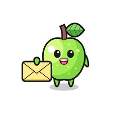 cartoon illustration of green apple holding a yellow letter