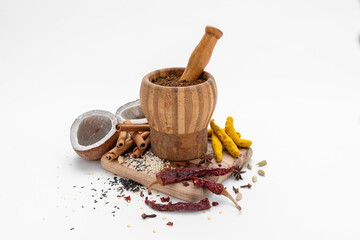 Indian garam masala powder and whole ingredients spices and herbs for curry 