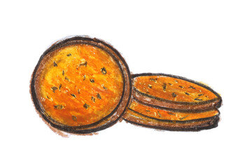 Chocolate chip cookies drawing with crayon on white paper