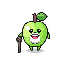 cute green apple grandpa is holding a stick