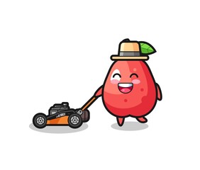 illustration of the water apple character using lawn mower