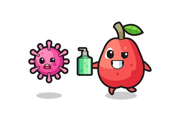 illustration of water apple character chasing evil virus with hand sanitizer