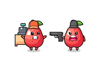 illustration of the cute water apple as a cashier is pointed a gun by a robber