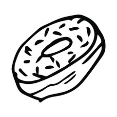 Vector donut in doodle style. Donut with powder. Sweets. Nice bun.