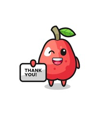 the mascot of the water apple holding a banner that says thank you