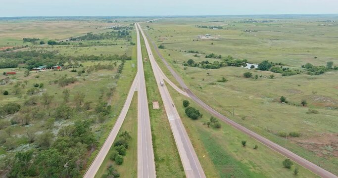 Panoramic aerial view Interstate 40 highway with near Shamrock Texas USA