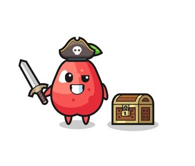 the water apple pirate character holding sword beside a treasure box