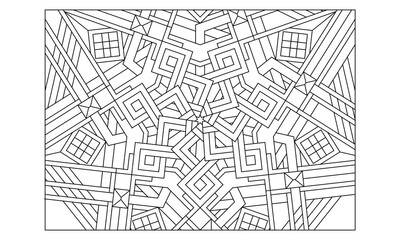 Coloring-#227 Landscape coloring pages for adults. Coloring-#227 Coloring Page of heptagonal mandala with variations in stripes and squares pattern on the background. EPS8 file.