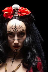 Portrait of beautiful mysterious brunette witch with runic makeup and gothic crown with skull and roses, halloween concept. 