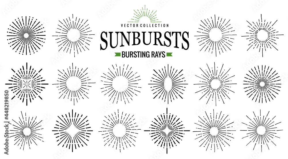 Poster sunburst icon set. retro hand drawn sparkle. geometric sun beams in different forms. bursting rays d