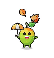 cartoon of the cute mango holding an umbrella in autumn
