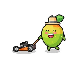 illustration of the mango character using lawn mower