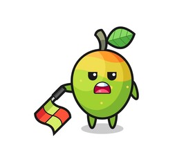 mango character as line judge hold the flag down at a 45 degree angle