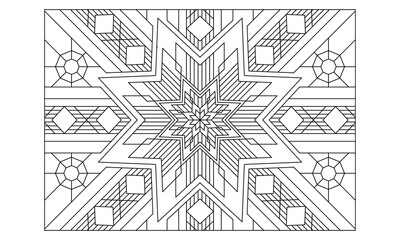Coloring-#231 Landscape coloring pages for adults. Coloring-#231 Coloring Page of octagonal mandala with variations in stripes and squares pattern on the background. EPS8 file.
