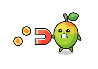 the character of mango hold a magnet to catch the gold coins