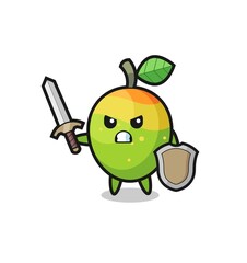 cute mango soldier fighting with sword and shield