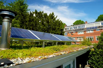 Foto auf Leinwand Solar panels on a sedum green rooftop garden on behalf of climate adaptation. Photovoltaic cells on a sedum roof for generating sustainable electricity, groene stroom op groen dak. © René Notenbomer