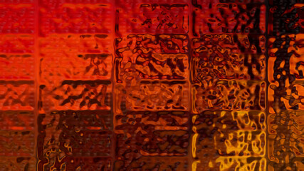 Red background made of rectangular elements. Beautiful abstraction with smooth textures. The wall is made of liquid glass.