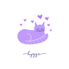 Doodle cat with hearts around and lettering hygge.